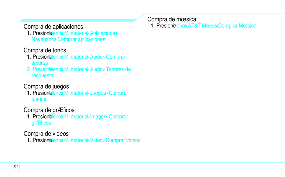 Pantech 4160292 manual Compra de aplicaciones, Compra de tonos, Compra de juegos, Compra de gráficos, Compra de videos 