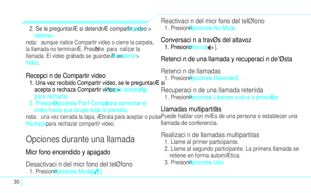 Pantech 4160292, 5U000249C0A Opciones durante una llamada, Recepción de Compartir video, Micrófono encendido y apagado 