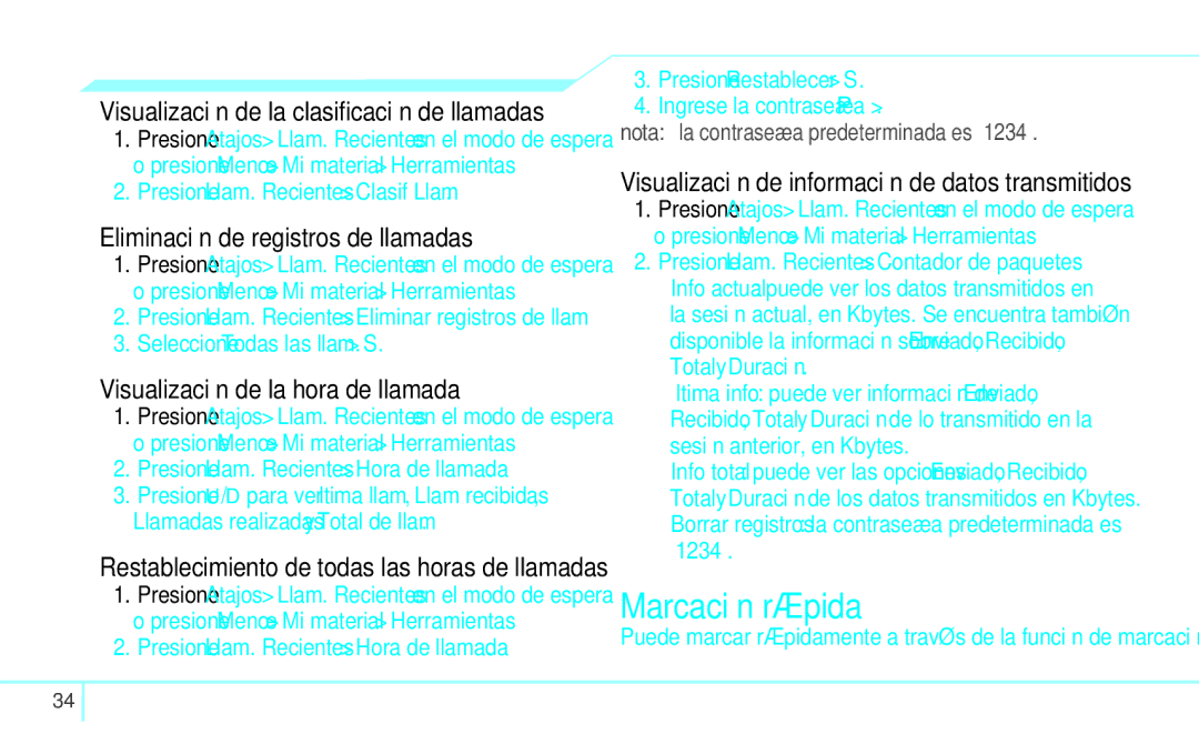 Pantech 4160292, 5U000249C0A Marcación rápida, Eliminación de registros de llamadas, Visualización de la hora de llamada 