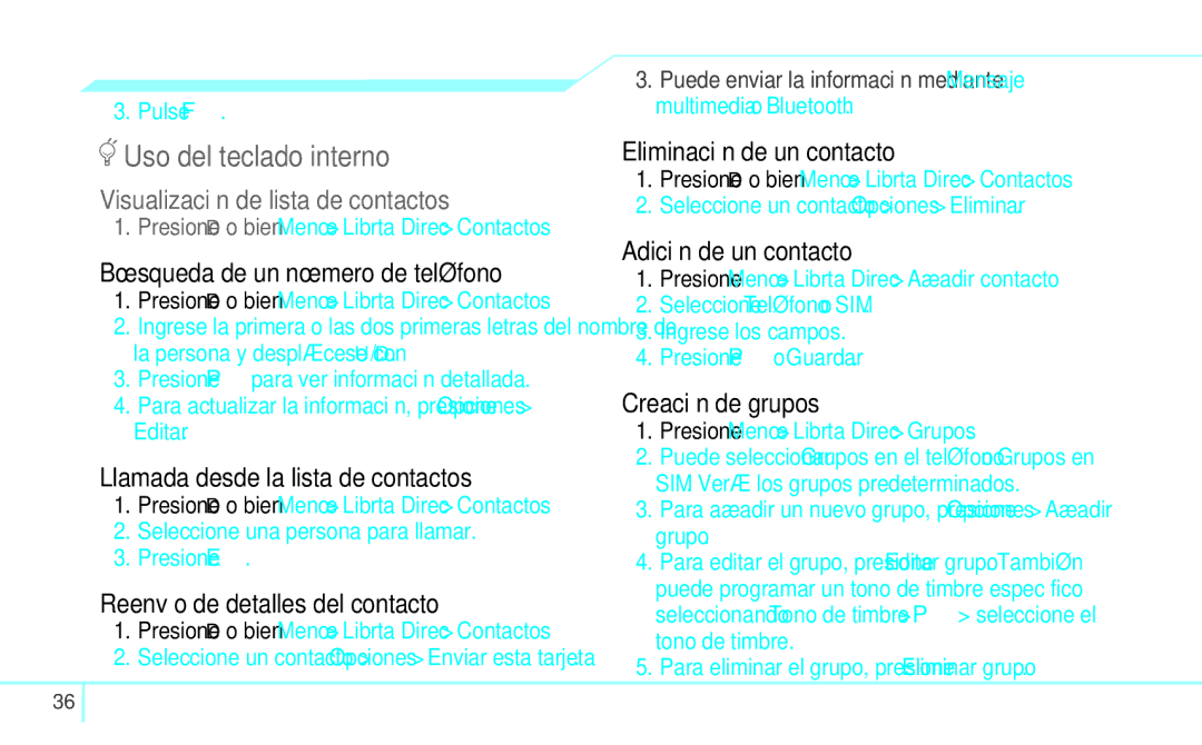 Pantech 4160292 Reenvío de detalles del contacto, Eliminación de un contacto, Adición de un contacto, Creación de grupos 