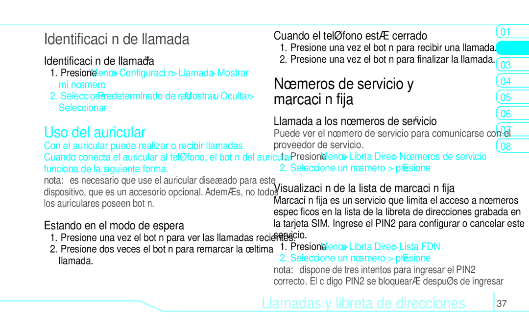 Pantech 5U000249C0A, 4160292 manual Identificación de llamada, Uso del auricular, Números de servicio y marcación fija 