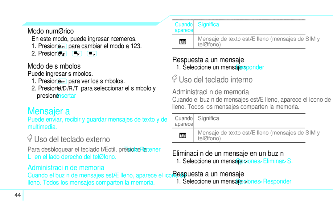 Pantech 4160292 manual Mensajería, Administración de memoria, Respuesta a un mensaje, Eliminación de un mensaje en un buzón 