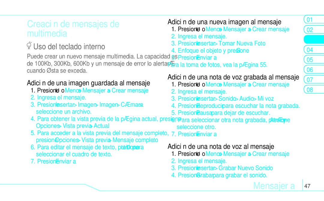 Pantech 5U000249C0A, 4160292 manual Creación de mensajes de multimedia, Adición de una nota de voz al mensaje 