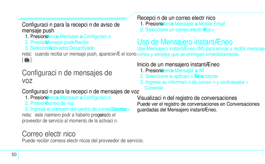 Pantech 4160292, 5U000249C0A manual Configuración de mensajes de voz, Correo electrónico, Uso de Mensajero instantáneo 