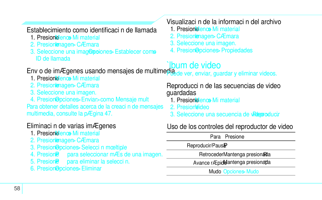 Pantech 4160292, 5U000249C0A Álbum de video, Eliminación de varias imágenes, Visualización de la información del archivo 