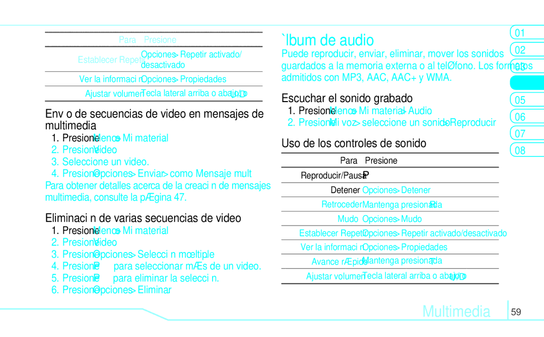 Pantech 5U000249C0A Álbum de audio, Envío de secuencias de video en mensajes de multimedia, Escuchar el sonido grabado 