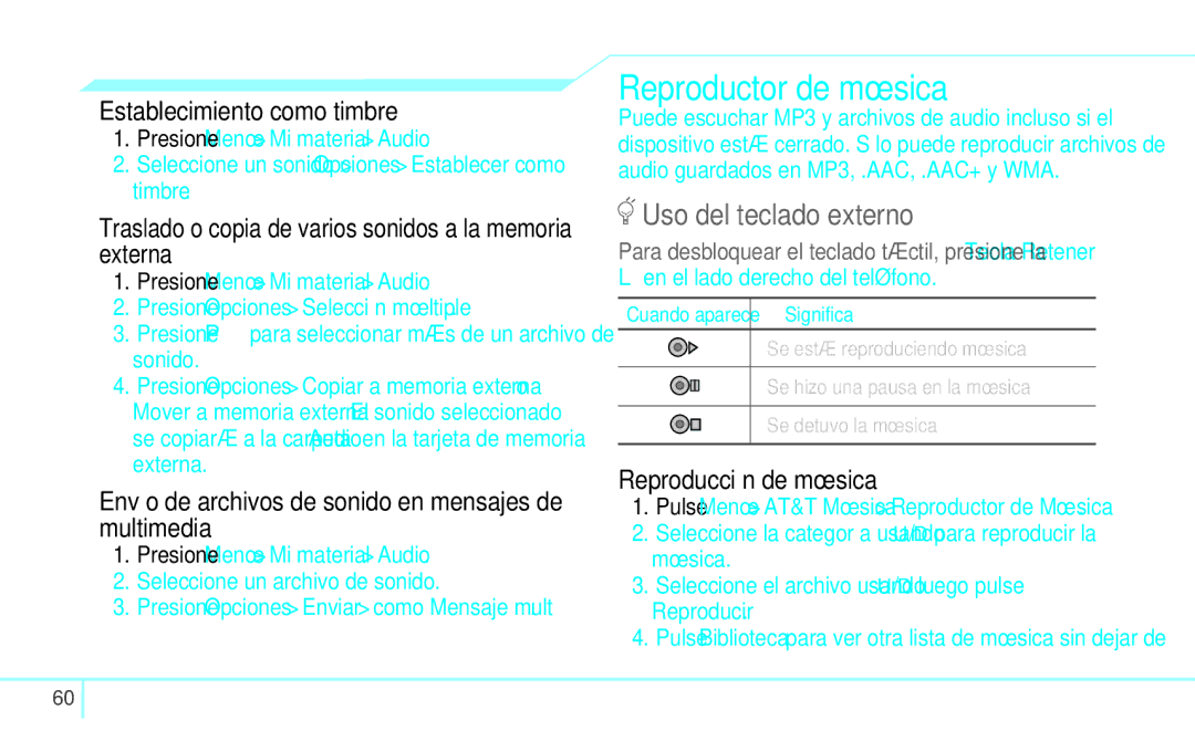 Pantech 4160292 Reproductor de música, Establecimiento como timbre, Envío de archivos de sonido en mensajes de multimedia 