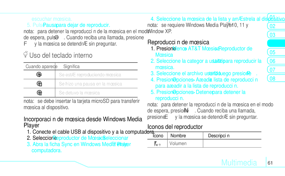 Pantech 5U000249C0A, 4160292 manual Incorporación de música desde Windows Media Player, Iconos del reproductor 