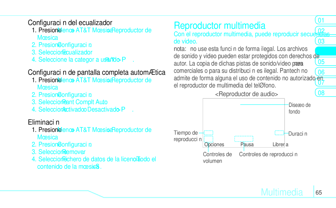 Pantech 5U000249C0A, 4160292 manual Reproductor multimedia, Configuración del ecualizador, Eliminación 