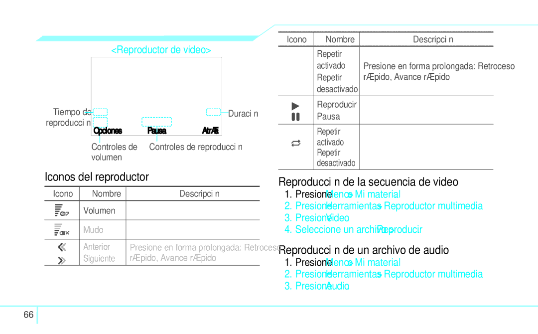 Pantech 4160292 manual Reproducción de la secuencia de video, Reproducción de un archivo de audio, Reproductor de video 