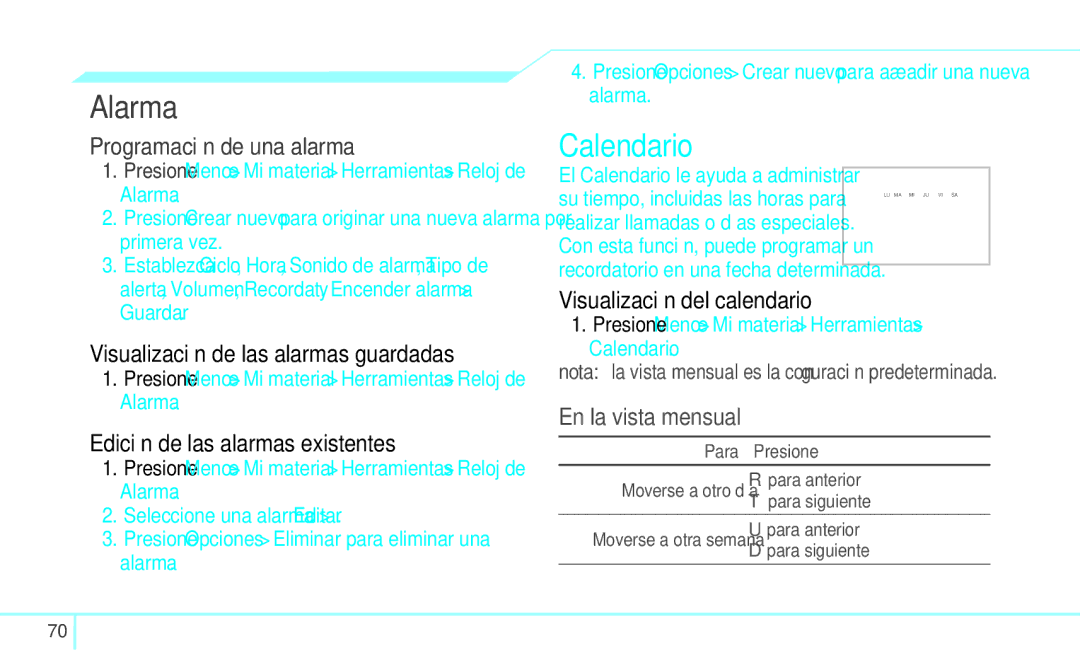 Pantech 4160292, 5U000249C0A manual Alarma, Calendario 