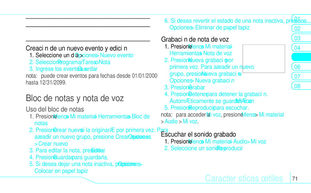 Pantech 5U000249C0A, 4160292 Bloc de notas y nota de voz, Características útiles, Creación de un nuevo evento y edición 