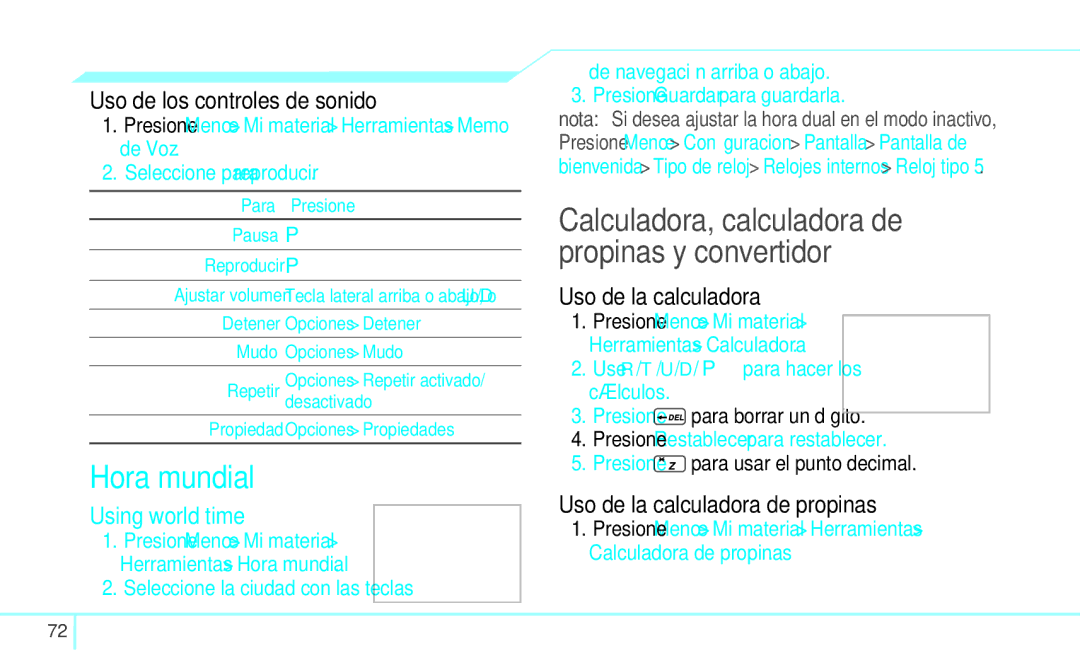 Pantech 4160292, 5U000249C0A manual Calculadora, calculadora de propinas y convertidor, Hora mundial, Uso de la calculadora 