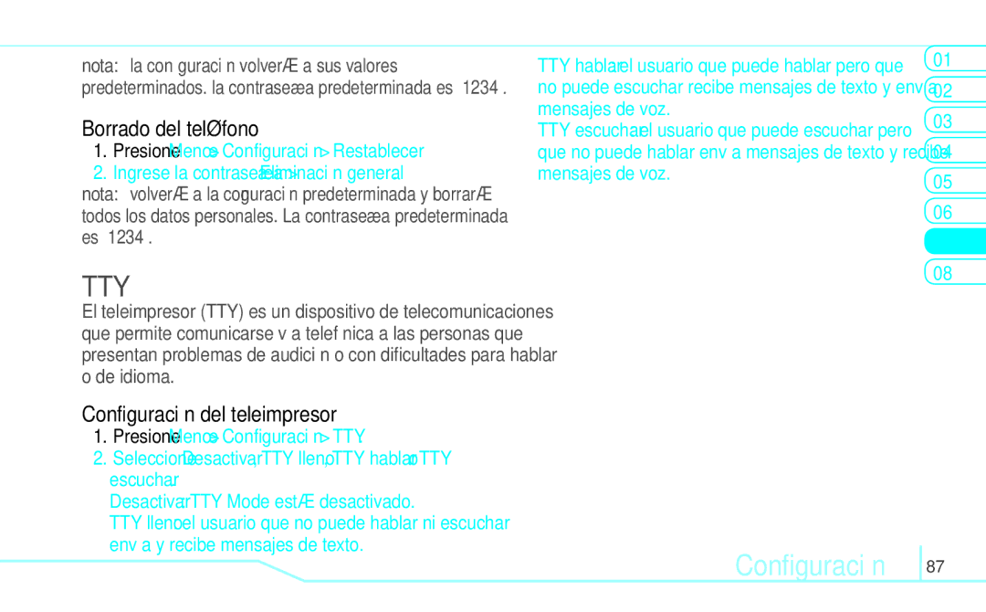 Pantech 5U000249C0A manual Borrado del teléfono, Configuración del teleimpresor, Ingrese la contraseña Eliminación general 