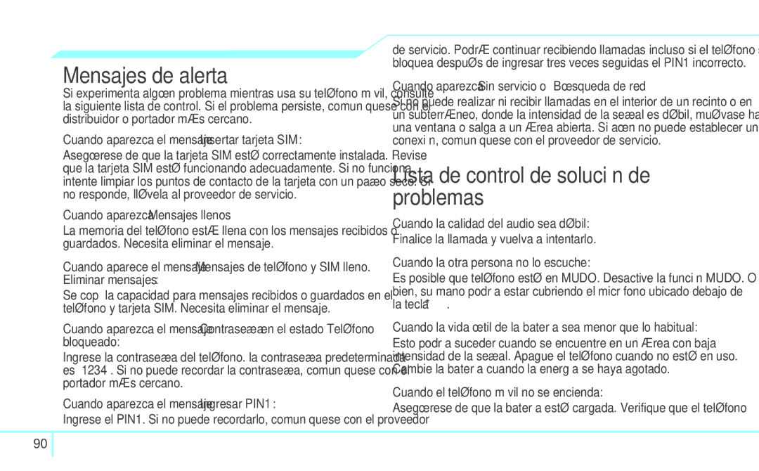 Pantech 4160292, 5U000249C0A manual Mensajes de alerta, Lista de control de solución de problemas 