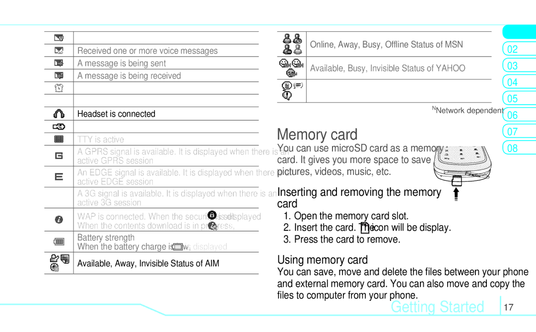 Pantech 5U000249C0A, 4160292 manual Memory card, Inserting and removing the memory card, Using memory card 