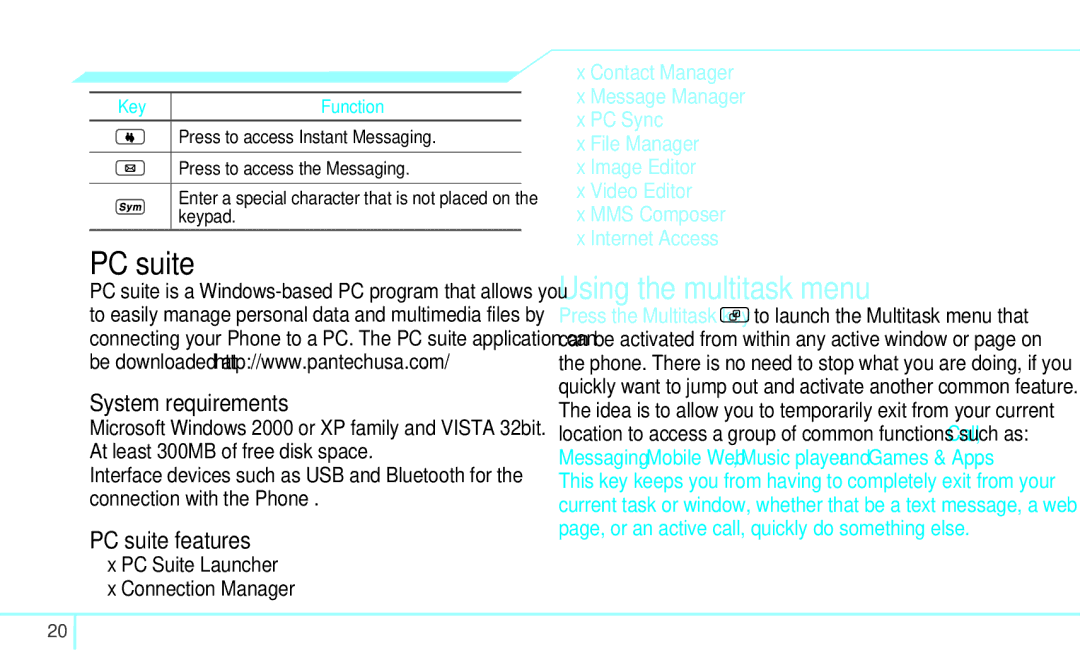 Pantech 4160292, 5U000249C0A manual Using the multitask menu, System requirements, PC suite features, Key 