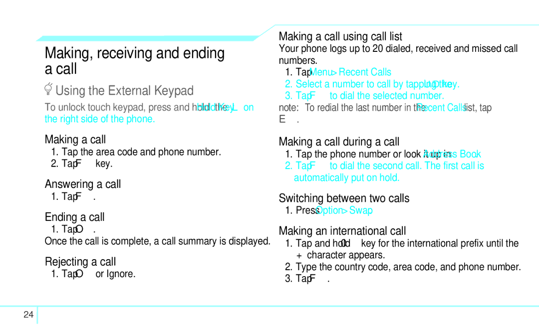 Pantech 4160292, 5U000249C0A manual Making, receiving and ending a call 