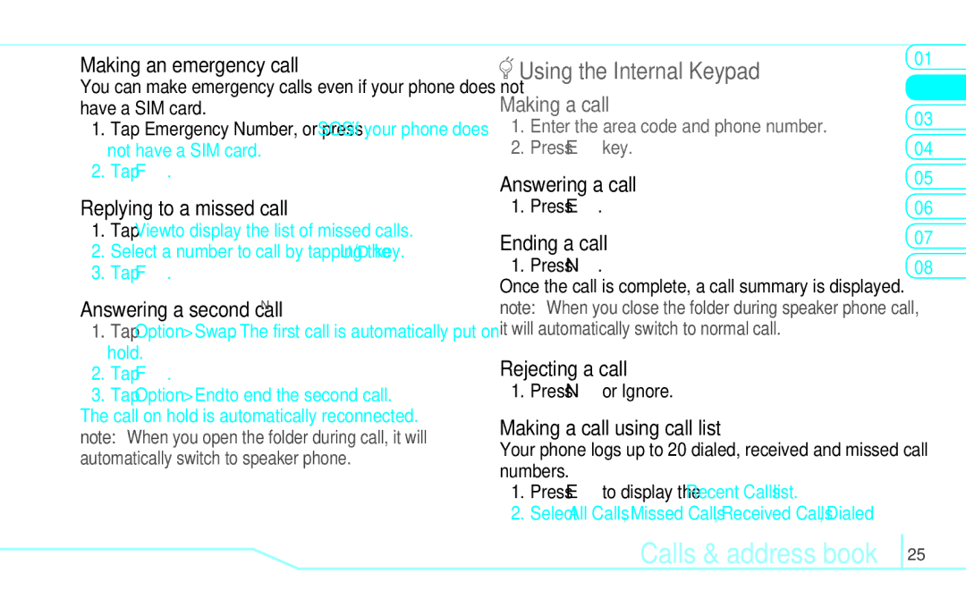 Pantech 5U000249C0A Calls & address book, Making an emergency call, Replying to a missed call, Answering a second callN 