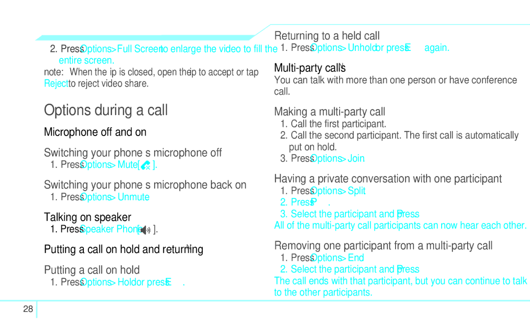 Pantech 4160292 Options during a call, Microphone off and on, Talking on speaker, Putting a call on hold and returningN 