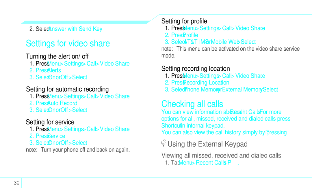 Pantech 4160292, 5U000249C0A manual Settings for video share, Checking all calls 