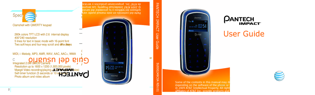 Pantech 4160292, 5U000249C0A manual Specifications, Clamshell with Qwerty keypad, Automatic band switching, Talk Time 