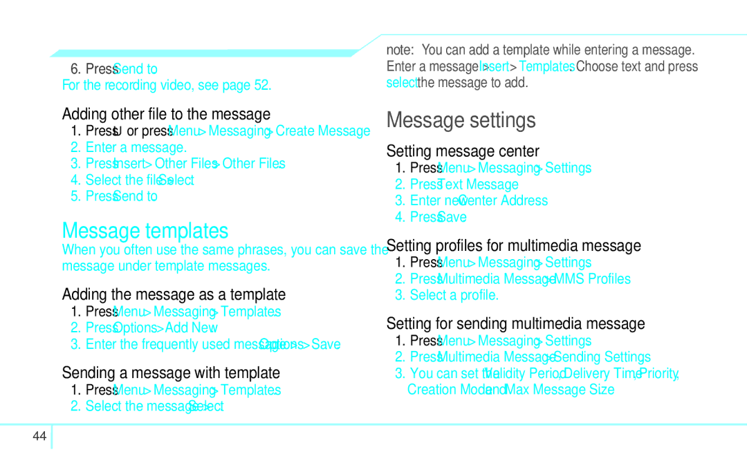 Pantech 4160292, 5U000249C0A manual Message templates, Message settings 