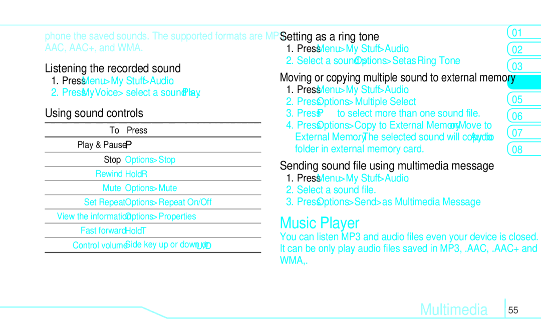 Pantech 5U000249C0A, 4160292 manual Music Player, Listening the recorded sound, Using sound controls, Setting as a ring tone 