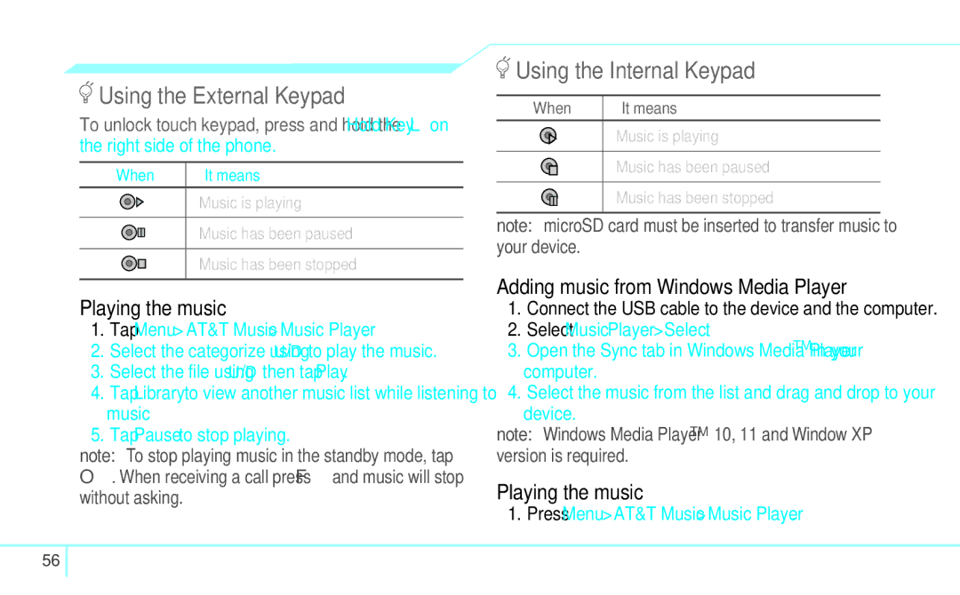 Pantech 4160292, 5U000249C0A Playing the music, Adding music from Windows Media Player, Tap Menu AT&T Music Music Player 