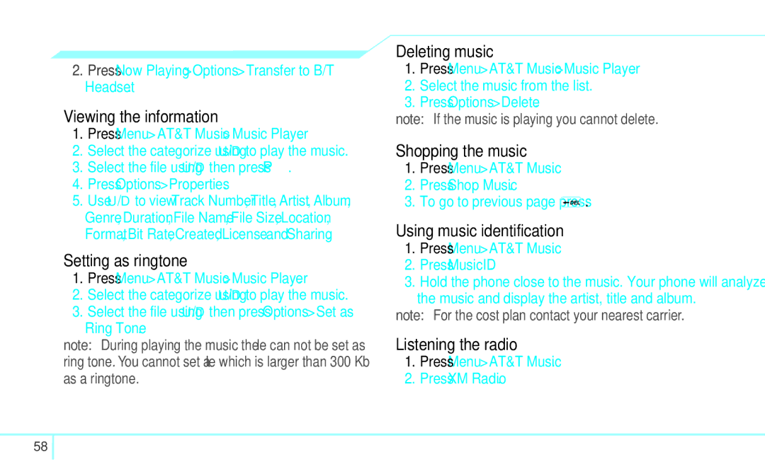 Pantech 4160292 Viewing the information, Setting as ringtone, Deleting music, Shopping the music, Listening the radio 