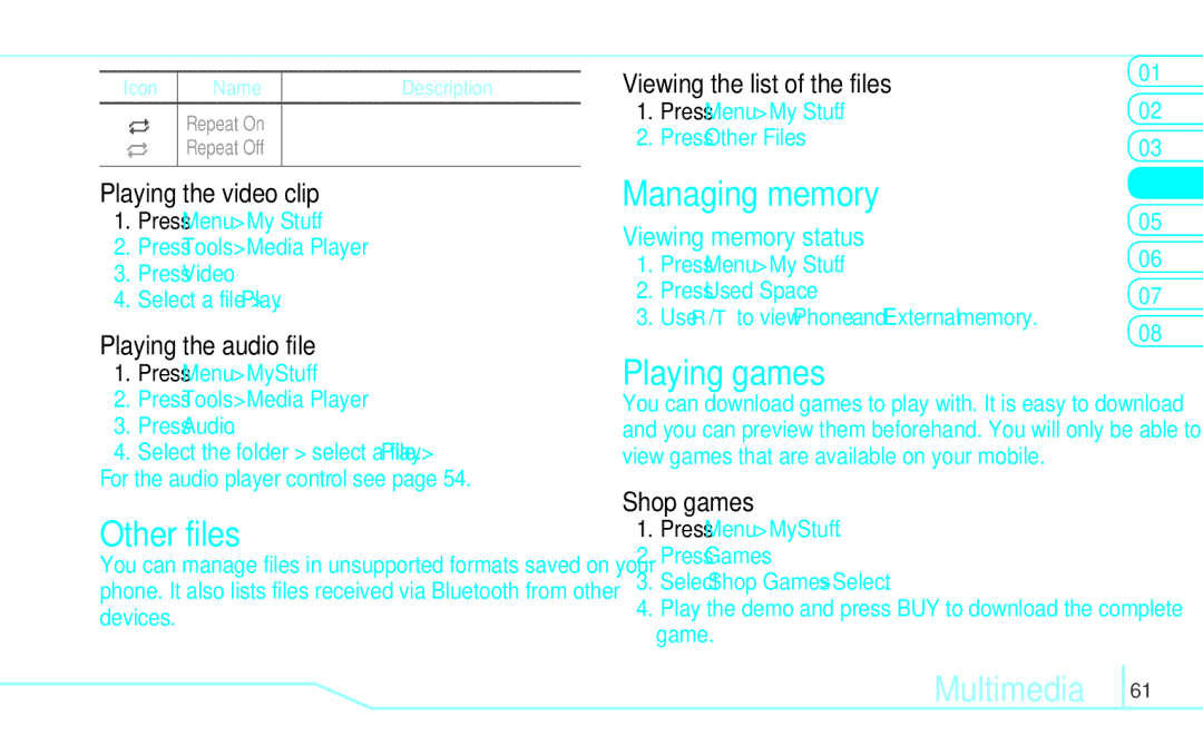 Pantech 5U000249C0A, 4160292 manual Other files, Managing memory, Playing games 