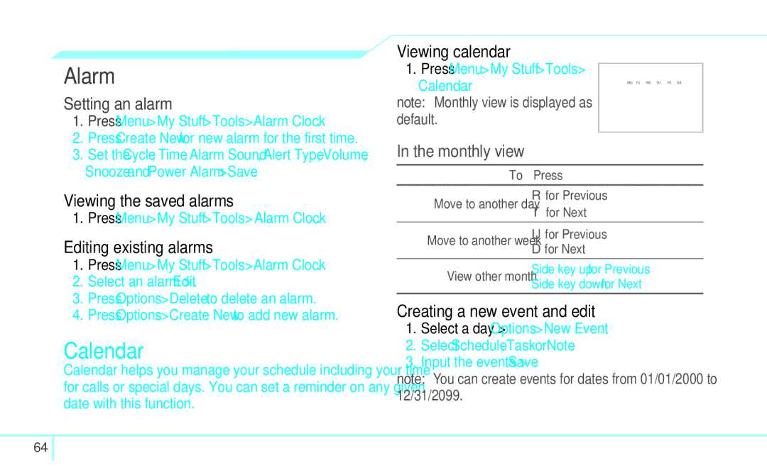 Pantech 4160292, 5U000249C0A manual Alarm, Calendar 