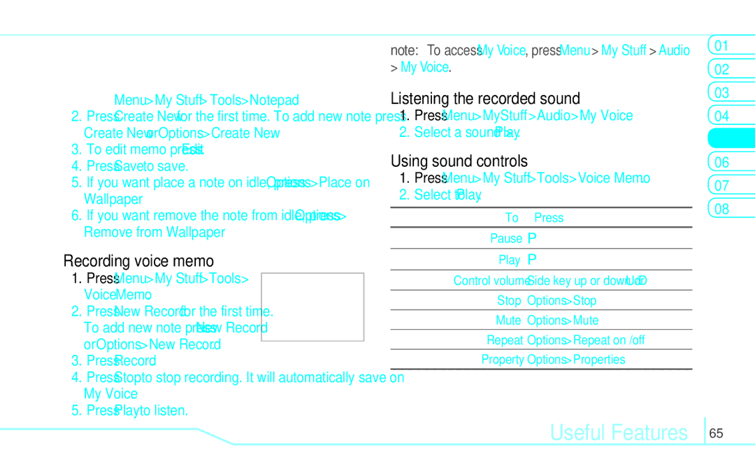 Pantech 5U000249C0A, 4160292 manual Useful Features, Using notepad, Recording voice memo 