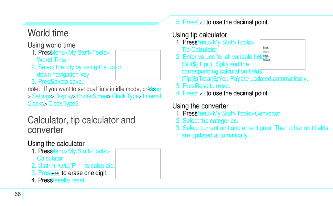 Pantech 4160292, 5U000249C0A manual World time, Calculator, tip calculator and converter 