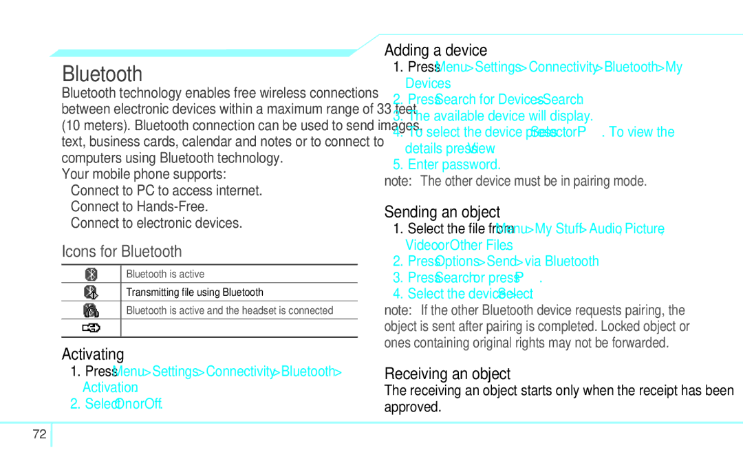 Pantech 4160292, 5U000249C0A manual Bluetooth, Activating, Adding a device, Sending an object, Receiving an object 