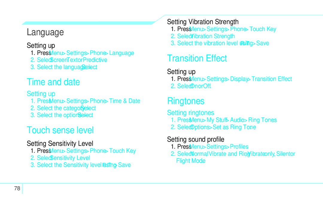 Pantech 4160292, 5U000249C0A manual Language, Time and date, Touch sense level, Transition Effect, Ringtones 