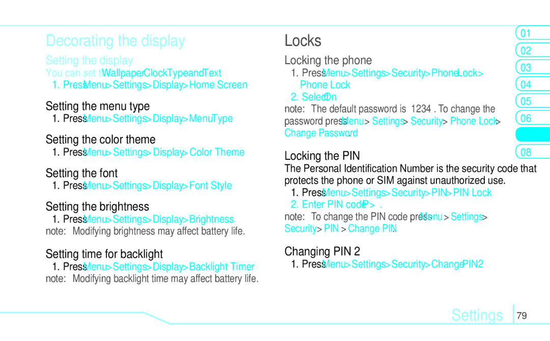 Pantech 5U000249C0A, 4160292 manual Decorating the display, Locks, Settings 