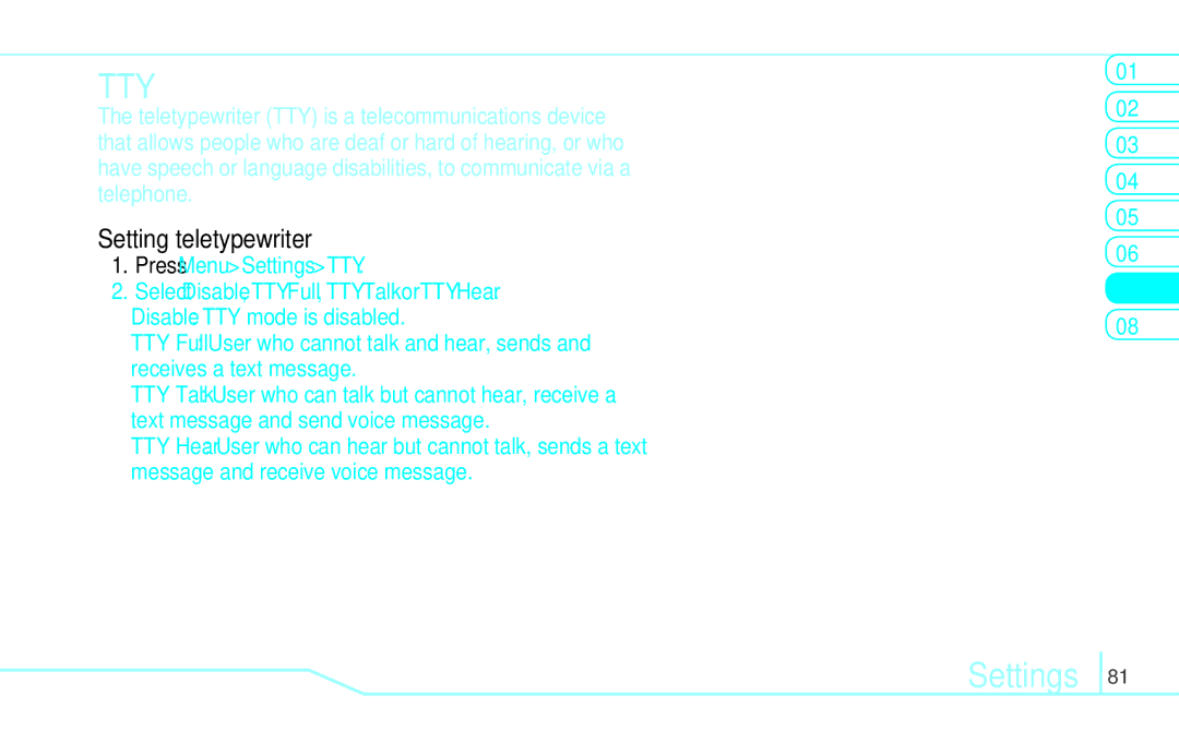 Pantech 5U000249C0A, 4160292 manual Setting teletypewriter, Disable TTY mode is disabled 