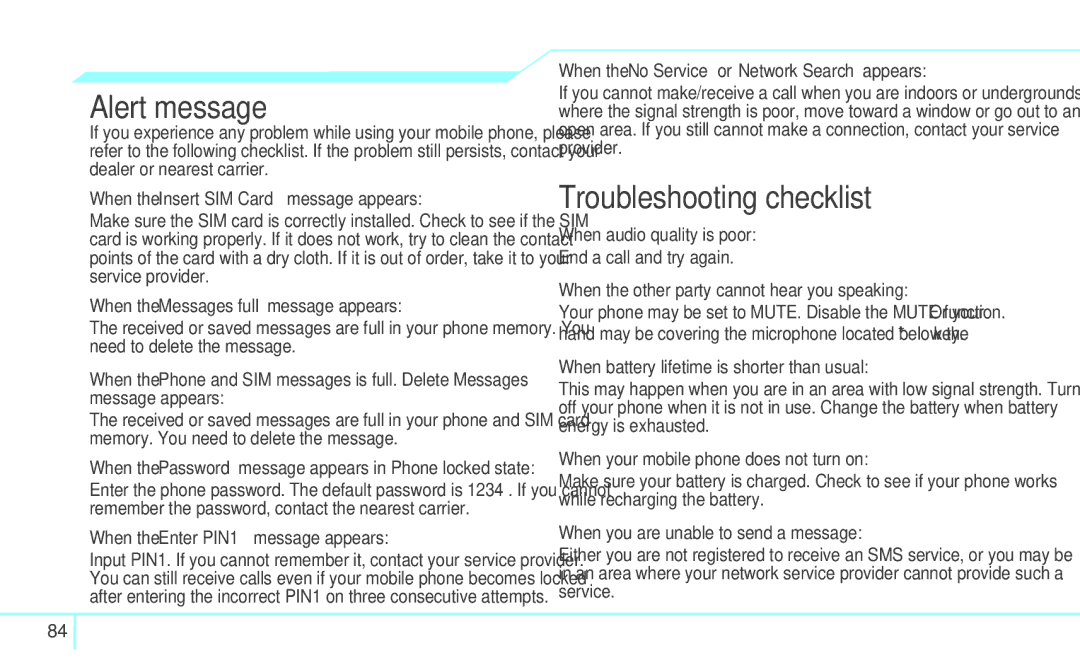 Pantech 4160292, 5U000249C0A manual Alert message, Troubleshooting checklist 