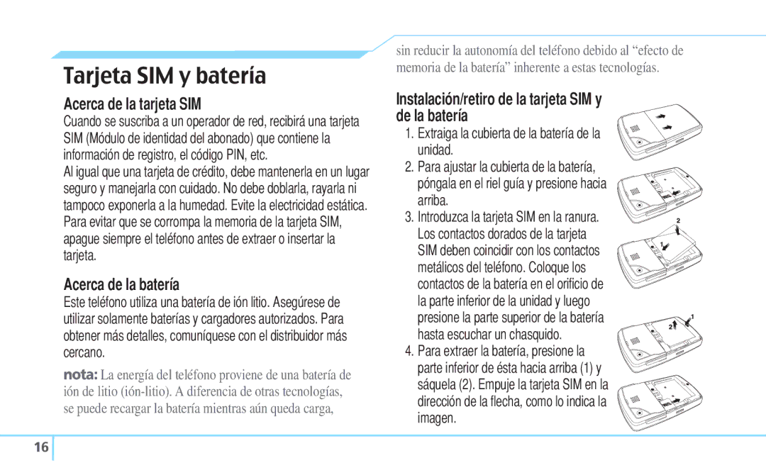 Pantech 5U000242C0A, Reveal manual Tarjeta SIM y batería, Acerca de la tarjeta SIM, Acerca de la batería 