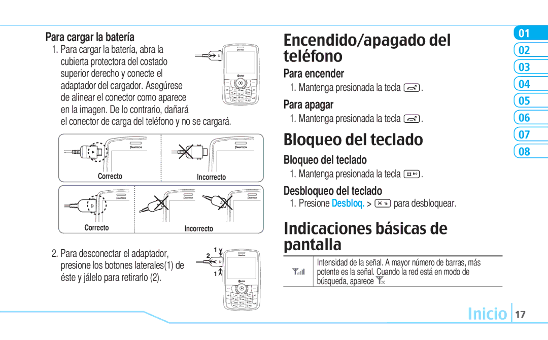 Pantech Reveal, 5U000242C0A manual Inicio, Para cargar la batería, El conector de carga del teléfono y no se cargará 