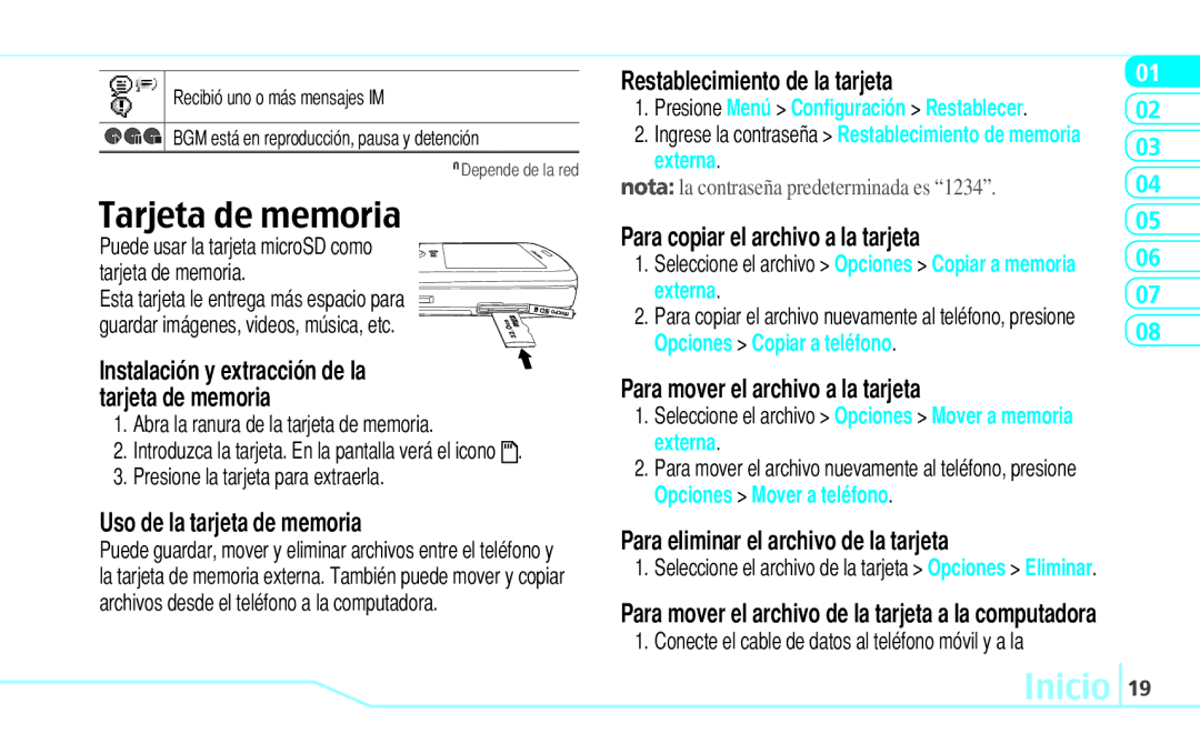 Pantech Reveal, 5U000242C0A manual Tarjeta de memoria 