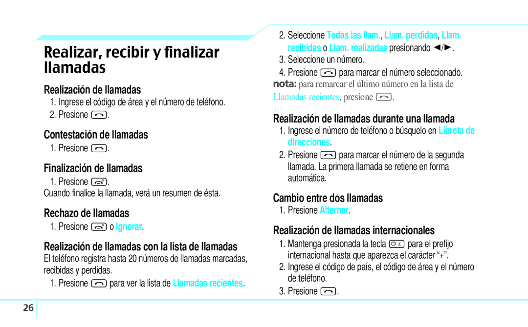 Pantech 5U000242C0A, Reveal manual Realizar, recibir y finalizar llamadas 