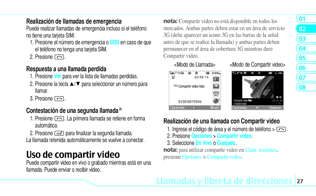 Pantech Reveal manual Uso de compartir video, Llamadas y libreta de direcciones, Realización de llamadas de emergencia 