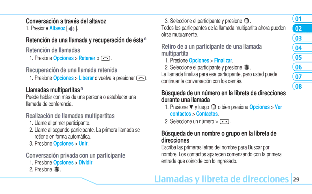 Pantech Reveal manual Retención de llamadas, Recuperación de una llamada retenida, Realización de llamadas multipartitas 