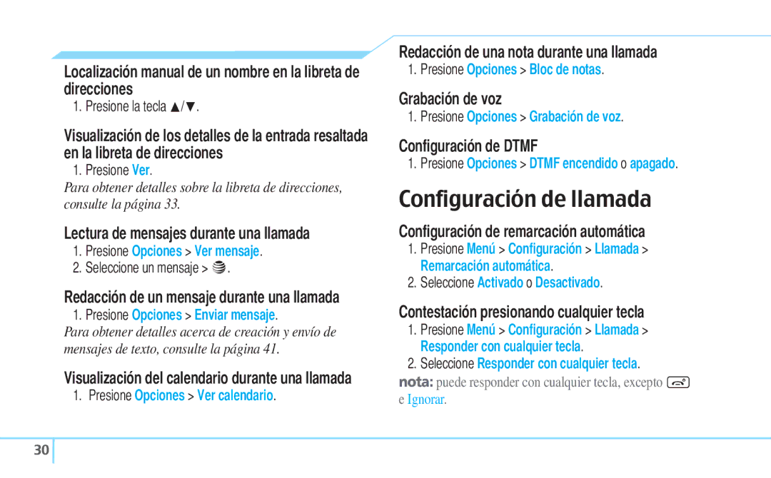 Pantech 5U000242C0A, Reveal manual Configuración de llamada 