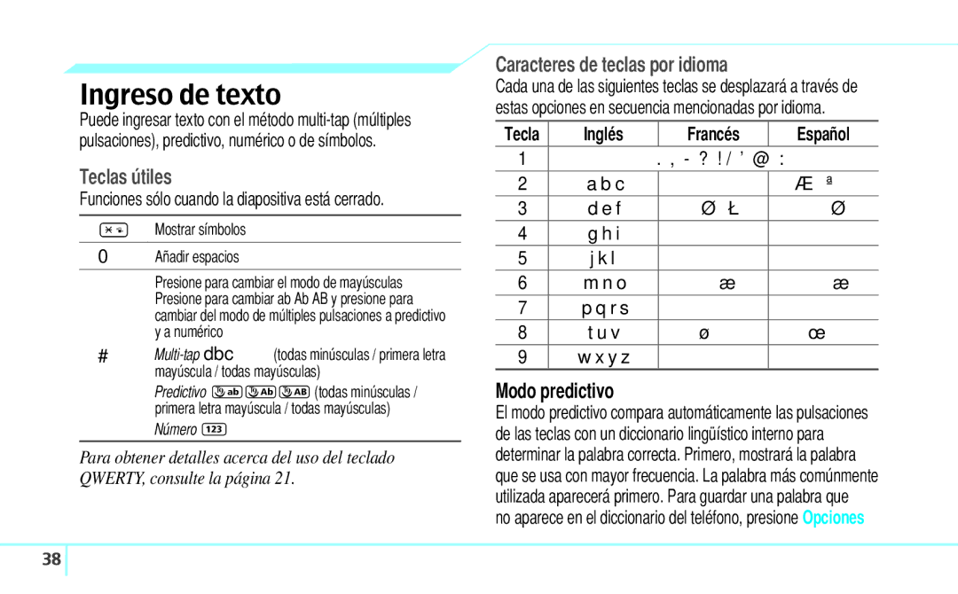 Pantech 5U000242C0A, Reveal manual Ingreso de texto, Teclas útiles, Caracteres de teclas por idioma, Modo predictivo 