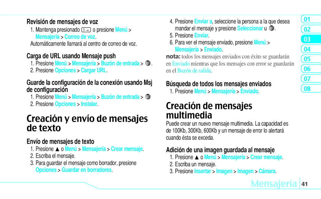 Pantech Reveal manual Creación y envío de mensajes de texto, Creación de mensajes multimedia, Revisión de mensajes de voz 