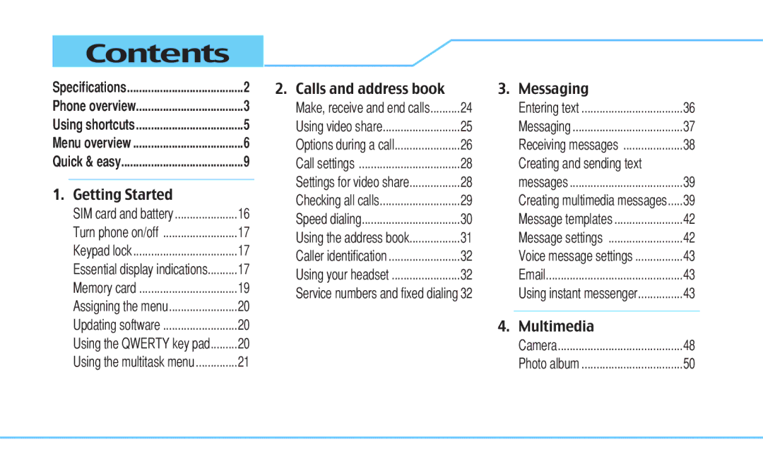 Pantech 5U000242C0A, Reveal manual Contents 