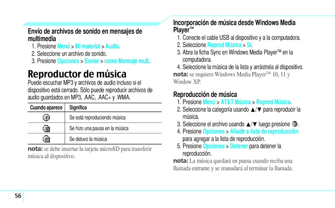 Pantech 5U000242C0A Reproductor de música, Envío de archivos de sonido en mensajes de multimedia, Reproducción de música 